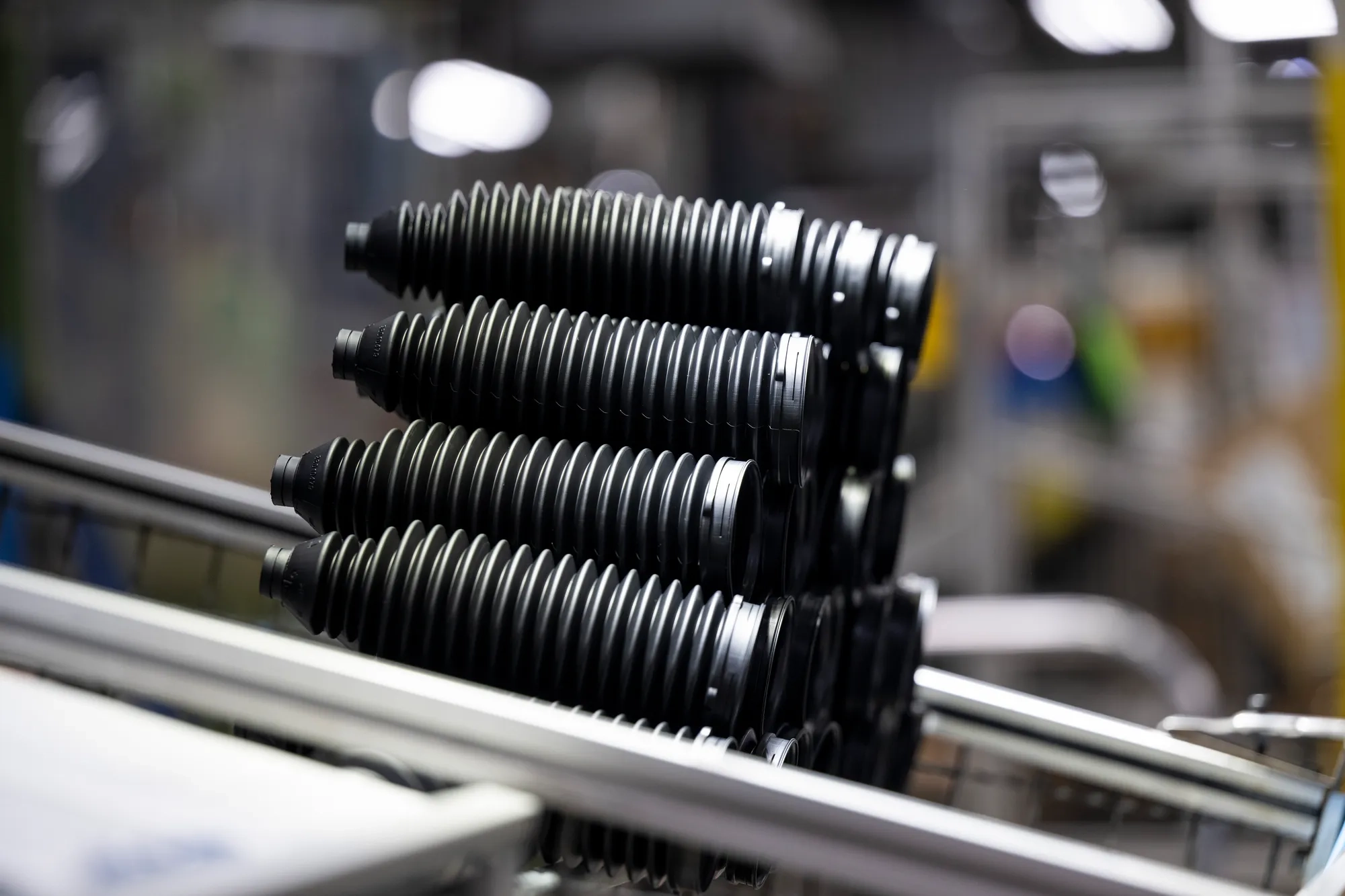 Newly produced rack-and-pinion boots, at Trelleborg Salisbury.
