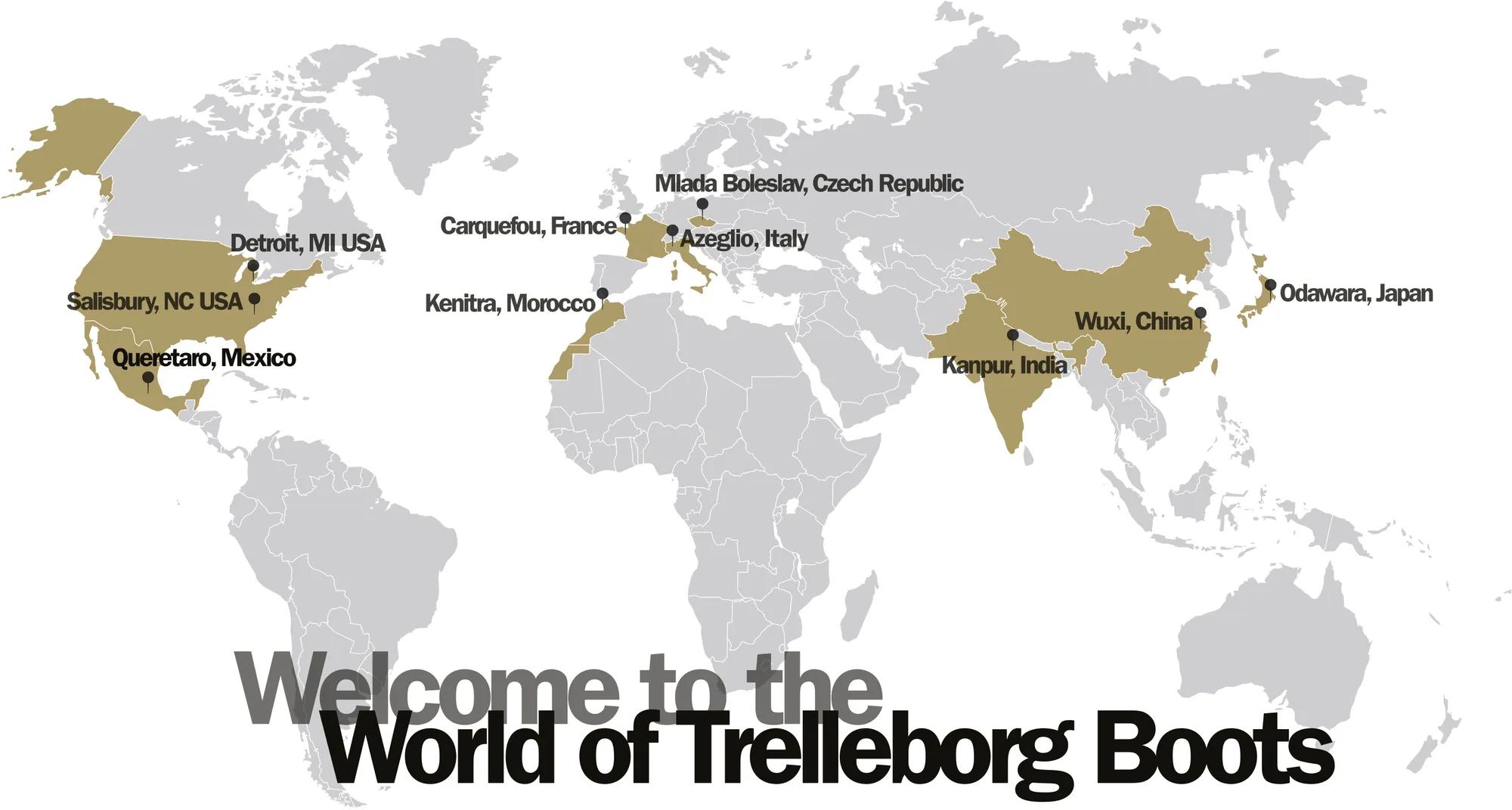Map of the world displaying all Trelleborg Boots production sites, including the name of the city and country for every location.