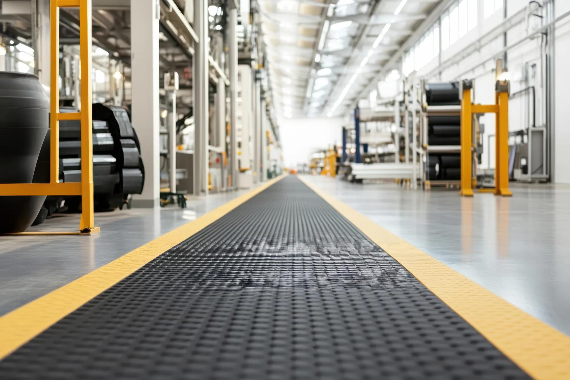 Photorealistic recycled rubber flooring, durable and sustainable material for industrial spaces
