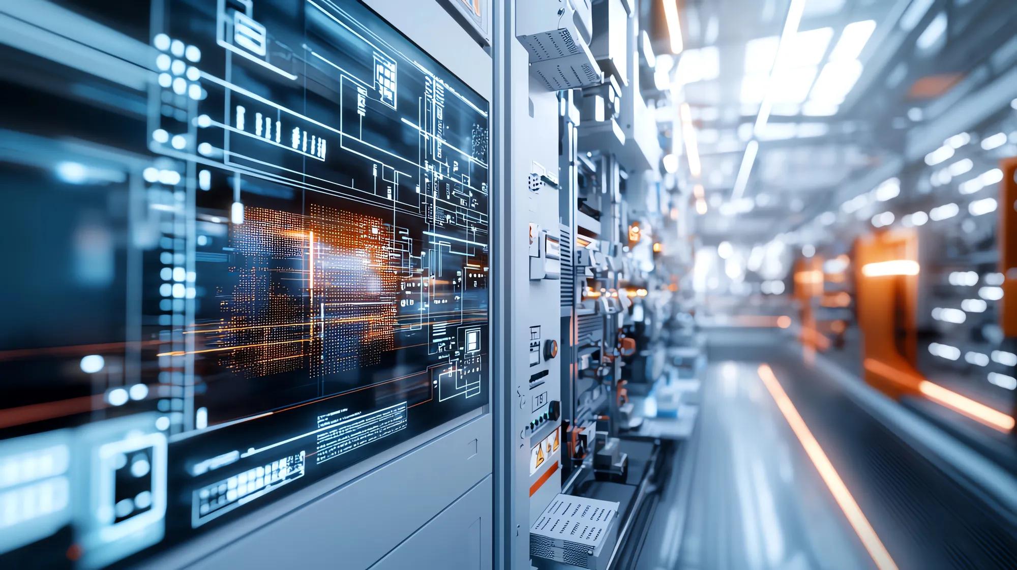 Blurred futuristic data center with glowing servers and network technology. High-tech, modern digital infrastructure concept.