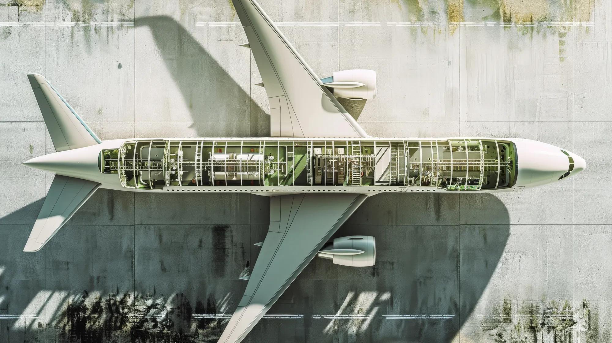 An overhead view of an airplane reveals its detailed interior layout, impressing with its intricate design and engineering against a tarmac backdrop.