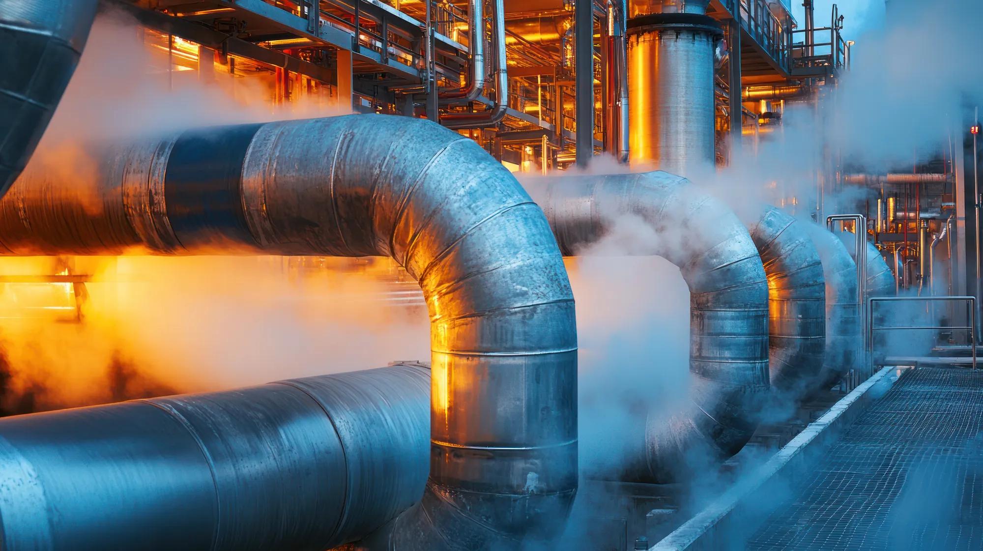 Close-up of hot steam escaping from refinery pipes during active fuel processing