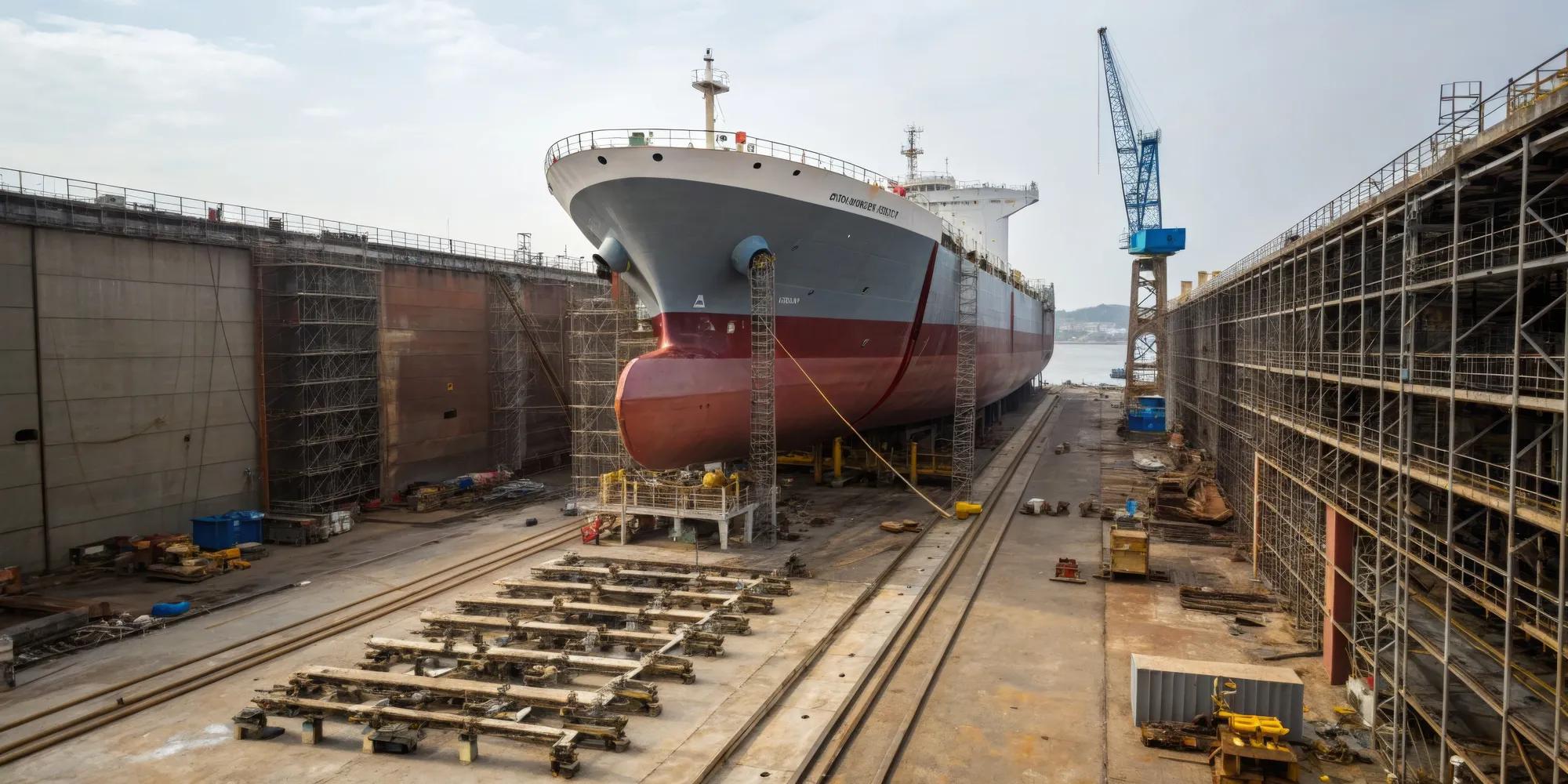A large cargo ship is positioned in a dry dock at a shipyard, surrounded by scaffolding and heavy machinery. Workers are engaged in repair activities.