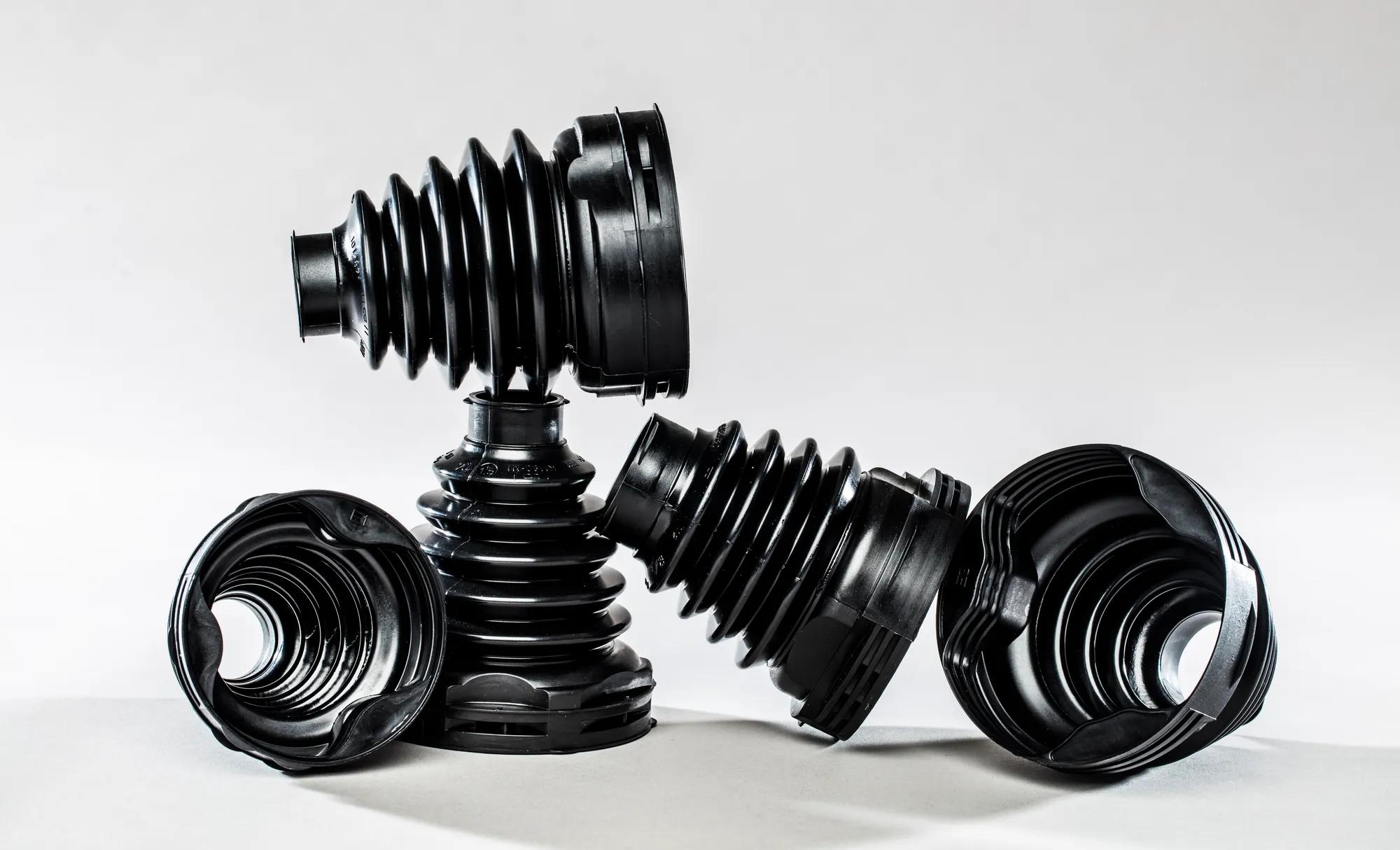 A selection of Trelleborg's Trilobe Constant Velocity Joint (CVJ) Boots is showcased against a white background. These innovative, seamlessly designed boots provide a reliable and cost-effective solution.